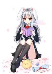 Rule 34 | &gt; &lt;, 1girl, animal, animal ears, bad id, bad pixiv id, bird, black footwear, black jacket, black skirt, black socks, blazer, book, bow, bowtie, chick, closed eyes, collared shirt, commentary request, commission, eraser, facing viewer, holding, holding book, jacket, kneehighs, long hair, long sleeves, mamel 27, open book, original, pen, petals, pleated skirt, rabbit ears, reading, red bow, red bowtie, red eyes, school uniform, shirt, shoes, silver hair, sitting, skirt, socks, solo, star (symbol), very long hair, white background, white shirt