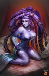 Rule 34 | 00s, 1girl, :p, aqua eyes, badcompzero, bare shoulders, breasts, cleavage, colored skin, final fantasy, final fantasy x, gradient background, jewelry, long hair, looking at viewer, necklace, purple hair, purple skin, shiva (final fantasy), sitting, solo, thighs, tongue, tongue out, very long hair, wariza
