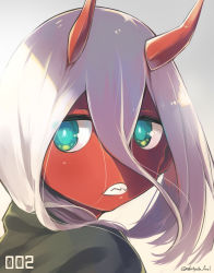 Rule 34 | 10s, 1girl, absurdres, aged down, black robe, character name, colored skin, darling in the franxx, gradient background, green eyes, hair between eyes, highres, horns, long hair, looking at viewer, nekochu (masamura38b), portrait, red skin, robe, signature, silver hair, simple background, solo, spoilers, zero two (darling in the franxx)