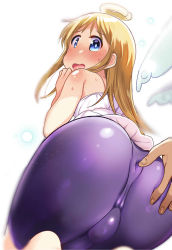 Rule 34 | 1girl, anagurautubo, anus, anus visible through clothes, ass, ass grab, bike shorts, blonde hair, blue eyes, blush, bulge, cameltoe, covered testicles, crimvael, from behind, from below, futanari, halo, ishuzoku reviewers, long hair, looking back, open mouth, shorts, sweat, sweatdrop, testicles, wings