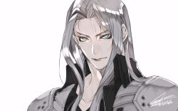 Rule 34 | 1boy, aqua eyes, armor, black jacket, final fantasy, final fantasy vii, grey hair, high collar, hiryuu (kugelcruor), jacket, long hair, looking at viewer, male focus, open collar, parted bangs, sephiroth, shoulder armor, signature, solo, upper body, white background
