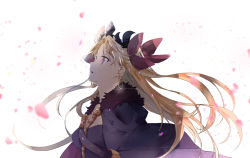 Rule 34 | 1girl, ameshiki, blonde hair, bow, cape, commentary request, dress, earrings, ereshkigal (fate), fate/grand order, fate (series), floating hair, fur collar, gold, hair bow, jewelry, looking up, necklace, open mouth, partial commentary, petals, red eyes, skull necklace, standing, tiara, twintails, two side up