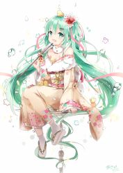 Rule 34 | 1girl, animal, animal on head, arrow (projectile), asahi kuroi, beamed quavers, bird, bubble, chick, fang, full body, green eyes, green hair, hair ornament, hairclip, hamaya, hatsune miku, highres, japanese clothes, kimono, long hair, looking at viewer, musical note, new year, off shoulder, on head, open mouth, petals, sandals, simple background, sitting, solo, tabi, twintails, very long hair, vocaloid, white background