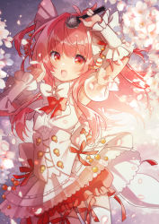 Rule 34 | 1girl, :o, arm up, arm warmers, bow, cherry blossoms, dress, frills, garter belt, garter straps, hair bow, idol, kawanobe, personification, red bow, red eyes, red hair, red ribbon, ribbon, the tale of food, shrimp dumpling, shrimp earrings, thighhighs, white bow, white dress