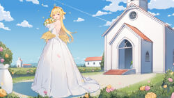 Rule 34 | 1girl, :d, absurdres, antenna hair, backless dress, backless outfit, bare shoulders, blonde hair, blue sky, bouquet, breasts, church, cloud, contrail, day, dress, elbow gloves, feathered wings, flower, gloves, hair flaps, hair flower, hair ornament, hibiki (vtuber), highres, hugging object, long hair, looking at viewer, looking back, low wings, medium breasts, meridian project, open mouth, outdoors, petals, pink flower, pink rose, pleated dress, red eyes, rikoma, rose, sky, smile, solo, very long hair, virtual youtuber, white dress, white flower, white gloves, white rose, wings, yellow flower, yellow rose, yellow wings