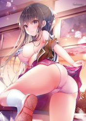 Rule 34 | 1girl, ass, bare shoulders, black hair, blazer, blush, bra, breasts, brown jacket, cameltoe, cleft of venus, clothes lift, desk, frilled bra, frills, from behind, hair ribbon, highres, indoors, jacket, kino (kino konomi), kneehighs, large breasts, leg up, long hair, looking at viewer, looking back, melonbooks, non-web source, off shoulder, open clothes, open shirt, original, panties, parted lips, pink bra, pink skirt, purple eyes, ribbon, school uniform, shirt, shirt tucked in, sideboob, skirt, skirt lift, smile, socks, solo, thighs, underwear, watermark, white footwear, white ribbon, white shirt, white socks, window