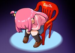 Rule 34 | 1girl, artist name, black socks, blue eyes, bocchi the rock!, brand name imitation, brown footwear, chair, coca-cola, cube hair ornament, full body, gotoh hitori, hair ornament, hunched over, jacket, kneehighs, knees together feet apart, loafers, long hair, long sleeves, meme, monobloc (chair), neon genesis evangelion, one side up, parody, pink hair, pink jacket, pleated skirt, roy95, shinji in a chair (meme), shoes, simple background, sitting, skirt, socks, solo, spotlight, track jacket, twitter username