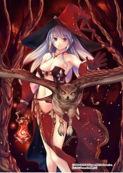 Rule 34 | 1girl, bare shoulders, bird, breasts, cleavage, company name, feathers, gloves, hat, highres, holding, holding lantern, jewelry, kirishima satoshi, lantern, long hair, looking at viewer, medium breasts, navel, necklace, official art, owl, pelvic curtain, purple eyes, red background, red gloves, red headwear, silver hair, standing, watermark, witch hat, z/x
