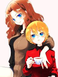 Rule 34 | 2girls, absurdres, alternate hair color, arm around neck, black shirt, blonde hair, blue eyes, blue shorts, blush, braid, brown hair, brown jacket, commentary request, cup, darjeeling (girls und panzer), epaulettes, girls und panzer, hair intakes, hand on another&#039;s chest, head tilt, highres, holding, holding cup, jacket, kay (girls und panzer), light blush, light frown, lips, long hair, long sleeves, looking at viewer, military, military uniform, multiple girls, open mouth, parted lips, red jacket, saunders military uniform, shirt, short hair, short shorts, shorts, simple background, sitting, smile, st. gloriana&#039;s military uniform, tea, teacup, twin braids, umxzo, uniform, white background