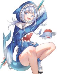 Rule 34 | 1girl, absurdres, animal hood, bloop (gawr gura), blue eyes, blue hair, fins, fish tail, gawr gura, gawr gura (1st costume), highres, holding, holding polearm, holding weapon, hololive, hololive english, hood, ildy, legs, long hair, long sleeves, multicolored hair, open mouth, polearm, shark hood, shark tail, sharp teeth, shoes, simple background, tail, teeth, two-tone hair, virtual youtuber, weapon, white background, white footwear