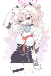 Rule 34 | 1girl, black choker, black skirt, blue archive, blush, bracelet, breasts, choker, double bun, fang, hair between eyes, hair bun, halo, horns, jewelry, kirara (blue archive), large breasts, long hair, looking at viewer, nail polish, necklace, one eye closed, open mouth, pink eyes, pink hair, plue ral, red nails, shirt, simple background, skirt, solo, thigh strap, very long hair, white background, white shirt