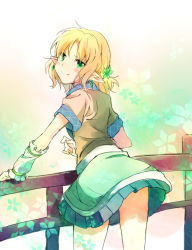 Rule 34 | 1girl, arm warmers, bad id, bad pixiv id, blonde hair, blush, blush stickers, bridge, earrings, fence, from behind, green eyes, jewelry, leaning forward, looking back, mizuhashi parsee, pointy ears, railing, short hair, smile, solo, touhou, ume (plumblossom)