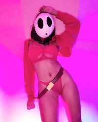 Rule 34 | 1girl, ahqua marine, all fours, arm up, ass, bra, breasts, clothes, cosplay, highres, looking at viewer, mario (series), mask, medium breasts, nintendo, panties, partially undressed, photo (medium), red bra, red panties, shy guy, shy guy (cosplay), underwear