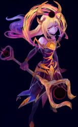 Rule 34 | 1girl, absurdres, black dress, blonde hair, closed mouth, colored skin, dress, eyelashes, facial mark, full body, highres, holding, holding staff, horns, league of legends, long hair, lux (league of legends), purple skin, red eyes, shimatta, solo, staff, standing, unamused, very long hair