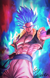 Rule 34 | 1boy, abs, artist name, blue hair, character request, closed mouth, commentary request, cropped vest, dragon ball, energy, from below, grey eyes, highres, korean commentary, male focus, muscular, muscular male, navel, open clothes, open vest, outstretched arm, pants, sash, solo, soy chicken, spiked hair, vest, wristband