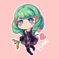Rule 34 | 1girl, blush stickers, character name, chibi, closed mouth, fire emblem, fire emblem: three houses, flayn (fire emblem), garreg mach monastery uniform, green eyes, green hair, hair ornament, holding, holding staff, kaijuicery, long hair, long sleeves, nintendo, pink background, simple background, smile, solo, staff, twitter username, uniform
