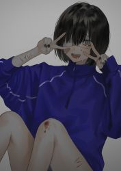 Rule 34 | 1girl, :d, bad id, bad twitter id, bandaid, bandaid on face, black hair, black nails, blue track suit, bruise, crying, cuts, eyepatch, fang, grey background, grey eyes, highres, injury, long sleeves, looking at viewer, nail polish, nia (x x02), open mouth, original, saliva, short hair, simple background, sitting, smile, solo, symbol-shaped pupils, v, wavy eyes