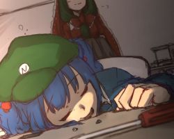 Rule 34 | 2girls, blue hair, blurry, bow, colorized, closed eyes, green hair, hair bobbles, hair bow, hair ornament, hair ribbon, hat, head out of frame, image sample, kagiyama hina, kawashiro nitori, long hair, long sleeves, multiple girls, open mouth, out of frame, puffy sleeves, ribbon, screw, screwdriver, short hair, short sleeves, sitting, sketch, sleeping, smile, terimayo, touhou, twintails, two side up