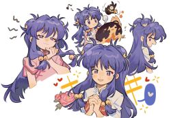 bandana blush china_dress chinese_clothes cooking dress flower heart highres open_mouth p-chan pig purple_hair ranma_1/2 red_eyes shampoo_(ranma_1/2) simple_background siyer_(siyeyeyeyer) smile variations white_background yellow_bandana