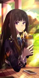 Rule 34 | 1girl, blue dress, cellphone, cloud, collared shirt, cup, dress, drinking straw, elbow on table, grass, green ribbon, grey dress, highres, holding, holding cup, holding drinking straw, inoue takina, long hair, long sleeves, looking at viewer, lycoris recoil, lycoris uniform, neck ribbon, phone, purple eyes, ribbon, sengoku chidori, shirt, smartphone, smile, solo, sunlight, sunset, table, tree, two-tone dress, upper body, white shirt, wooden table