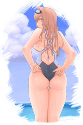 Rule 34 | 1girl, absurdres, adjusting clothes, adjusting swimsuit, arms behind back, ass, black choker, black one-piece swimsuit, choker, from behind, goddess of victory: nikke, goggles, goggles on head, hair intakes, highleg, highleg swimsuit, highres, light brown hair, long hair, looking at viewer, looking back, multicolored clothes, multicolored swimsuit, ocean, one-piece swimsuit, orange eyes, rapi (classic vacation) (nikke), rapi (nikke), shiny skin, sky, solo, swimsuit, swimsuit tug, very long hair, water, wedgie, white one-piece swimsuit, wide hips, yamotake