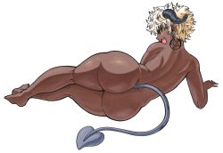Rule 34 | 1girl, ass, black sclera, black tail, blonde hair, colored sclera, commentary, completely nude, crossed ankles, dark-skinned female, dark skin, demon tail, elf-san wa yaserarenai., english commentary, fang, from behind, full body, gift art, goat horns, gutsbro, horizontal pupils, horns, huge ass, kneepits, legs together, looking back, lying, messy hair, muffin top, nude, on side, open mouth, pentagram earrings, pinup (style), plump, satero (elf-san wa yaserarenai.), short hair, solo, tail, thick thighs, thighs, wide hips