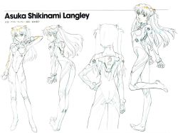 Rule 34 | 1girl, ass, breasts, character name, character sheet, evangelion: 2.0 you can (not) advance, expressions, from side, gainax, hand on own hip, interface headset, jumping, long hair, multiple views, neon genesis evangelion, official art, plugsuit, production art, rebuild of evangelion, sadamoto yoshiyuki, scan, smile, souryuu asuka langley, standing, studio khara, twintails