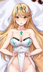 Rule 34 | 1girl, bare shoulders, blonde hair, blush, breasts, chest jewel, cleavage, clothes lift, clothes pull, clothes tug, frontal wedgie, gem, headpiece, jewelry, large breasts, long hair, looking at viewer, matrix16, mythra (radiant beach) (xenoblade), mythra (xenoblade), one-piece swimsuit, one-piece swimsuit pull, solo, strapless, strapless one-piece swimsuit, swept bangs, swimsuit, tiara, very long hair, wedgie, white one-piece swimsuit, xenoblade chronicles (series), xenoblade chronicles 2, yellow eyes