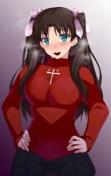 Rule 34 | 1girl, black hair, black skirt, breasts, condom, condom hair ornament, condom on head, cross print, fate/stay night, fate (series), hair in own mouth, long hair, long sleeves, medium breasts, miniskirt, multiple condoms, namidame, pleated skirt, red sweater, skirt, solo, stray pubic hair, sweater, tohsaka rin, two side up, upper body, used condom