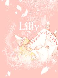 Rule 34 | 1girl, blonde hair, dress, english text, hat, highres, itomugi-kun, lily white, long hair, long sleeves, looking at viewer, looking to the side, open mouth, petals, pink background, profile, shoes, solo, touhou, white dress, white footwear, white hat, wide sleeves, yellow eyes