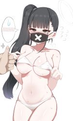 Rule 34 | 1boy, 1girl, @ @, absurdres, areola slip, bikini, black eyes, blue archive, blunt bangs, blush, breasts, cleavage, doldol (rkwowlqrp), flying sweatdrops, halo, highres, large breasts, long hair, mask, micro bikini, mouth mask, nose blush, ponytail, side ponytail, simple background, solo focus, sparkle, spoken blush, spoken sweatdrop, sukeban (smg) (blue archive), sweat, sweatdrop, swimsuit, thumbs up, white background, white bikini