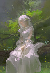 Rule 34 | 1girl, absurdres, bow, brown eyes, check copyright, chinese commentary, collared dress, colored eyelashes, commentary request, copyright request, dress, expressionless, feet out of frame, forest, frilled dress, frills, green bow, hair bow, hand on hand, hands on lap, highres, light particles, log, long dress, long hair, long sleeves, looking to the side, mushroom, nature, original, outdoors, parted lips, puffy long sleeves, puffy sleeves, see-through, see-through sleeves, sitting, sitting on log, solo, white dress, white hair, xixun