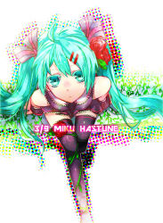 Rule 34 | 1girl, 39, ahoge, bad id, bad pixiv id, character name, flower, green eyes, green hair, hair flower, hair ornament, hatsune miku, long hair, looking up, matching hair/eyes, solo, tatsumi (mldcand), thighhighs, twintails, typo, very long hair, vocaloid