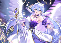 Rule 34 | 1girl, absurdres, aqua eyes, asymmetrical gloves, bead bracelet, beads, blue hair, bracelet, breasts, choker, cleavage, detached sleeves, dress, earrings, gloves, hair between eyes, halo, head wings, highres, holding, holding staff, honkai: star rail, honkai (series), jewelry, large breasts, looking at viewer, multicolored hair, musical note, open mouth, purple hair, purple wings, robin (honkai: star rail), short sleeves, smile, solo, staff, tian kazuki, two-tone dress, uneven gloves, white dress, white gloves, wings