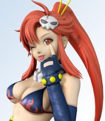 Rule 34 | 00s, 1girl, 3d, :p, ;p, akanbe, bikini, bikini top only, breasts, brown eyes, cleavage, elbow gloves, eyelid pull, female focus, gloves, gradient background, kanzeon, large breasts, long hair, lowres, one eye closed, ponytail, red eyes, red hair, scarf, solo, swimsuit, tengen toppa gurren lagann, thighhighs, tongue, tongue out, upper body, white background, wink, yoko littner
