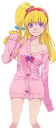 Rule 34 | 1girl, aikatsu!, aikatsu! (series), akinbo (hyouka fuyou), blonde hair, bow, breasts, cardigan, cleavage, collarbone, earrings, hair bow, hairband, high ponytail, highres, hoshimiya ichigo, jewelry, long hair, looking at viewer, off shoulder, pink cardigan, purple eyes, red bow, red hairband, side ponytail, simple background, sleeves past wrists, small breasts, smile, solo, standing, very long hair, white background