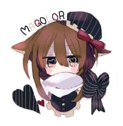 Rule 34 | 1boy, black headwear, black ribbon, blush stickers, bow, brown hair, character name, commentary request, hair between eyes, hair bow, heart, heart-shaped pupils, kirby (series), looking at viewer, lowres, magolor, male focus, nintendo, personification, red bow, ribbon, scarf, short hair with long locks, simple background, solo, striped clothes, striped headwear, striped ribbon, symbol-shaped pupils, usagi nui, vertical-striped clothes, vertical-striped headwear, white background, white scarf