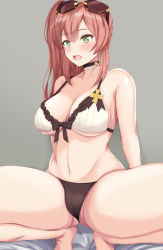 Rule 34 | 1girl, arms behind back, bare shoulders, bikini, blush, breasts, cleavage, collarbone, eyewear on head, girls&#039; frontline, green eyes, highres, long hair, looking away, medium breasts, navel, official alternate costume, open mouth, cameltoe, r93 (girls&#039; frontline), r93 (holiday lucky star) (girls&#039; frontline), red hair, scourer 14, sitting, solo, swimsuit, thighs, white bikini
