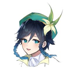 Rule 34 | 1boy, androgynous, bad id, bad pixiv id, beret, black hair, blue hair, blush, braid, collared cape, collared shirt, commentary, english commentary, flower, genshin impact, gradient hair, green eyes, green hat, hat, hat flower, highres, jira (0116), leaf, looking at viewer, male focus, multicolored hair, open mouth, shirt, short hair with long locks, simple background, smile, solo, twin braids, venti (genshin impact), white background, white flower, white shirt