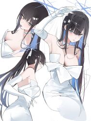 Rule 34 | 1girl, absurdres, arm up, armpits, bare shoulders, black hair, blue archive, blue eyes, blue hair, blue halo, breasts, buri (retty9349), choker, cleavage, collarbone, colored inner hair, dress, elbow gloves, from side, gloves, halo, highres, large breasts, long hair, multicolored hair, multiple views, official alternate costume, official alternate hairstyle, open mouth, ponytail, saori (blue archive), saori (dress) (blue archive), simple background, solo, strapless, strapless dress, upper body, white background, white choker, white dress, white gloves
