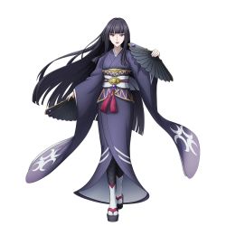 Rule 34 | 1girl,  stefv, black hair, blue kimono, crescent, english text, full body, glass (tate no yuusha no nariagari), hand fan, highres, japanese clothes, kimono, long hair, looking at viewer, official art, red eyes, sandals, socks, solo, tate no yuusha no nariagari, white background