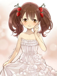 Rule 34 | 10s, 1girl, bare shoulders, blush, bow, breasts, brown eyes, brown hair, collarbone, cowboy shot, dress, food-themed hair ornament, formal, gown, hair between eyes, hair bow, hair ornament, hand on own cheek, hand on own face, kantai collection, lifting own clothes, looking away, looking to the side, nervous smile, parted lips, pink background, primary stage, ryuujou (kancolle), skirt hold, small breasts, smile, solo, strapless, strapless dress, strawberry hair ornament, twintails, twitter username, upper body, white dress