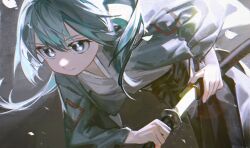 Rule 34 | 1girl, alternate costume, backlighting, battou (vocaloid), black hakama, blue eyes, blue hair, bright pupils, closed mouth, commentary request, cowboy shot, drawing sword, dutch angle, falling petals, floating hair, grey background, grey kimono, hakama, haori, hatsune miku, highres, holding, holding sheath, holding sword, holding weapon, inemuri (jdq5e), japanese clothes, katana, kimono, leaning forward, long hair, long sleeves, looking ahead, petals, sanpaku, serious, sheath, solo, sword, thick eyelashes, twintails, unsheathing, v-shaped eyebrows, vocaloid, weapon, white petals, white pupils