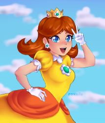 Rule 34 | 1girl, absurdres, blue eyes, blue sky, breasts, brooch, brown hair, crown, dress, earrings, flower earrings, gloves, hand on own hip, highres, jewelry, mario (series), nintendo, open mouth, orange dress, princess daisy, puffy short sleeves, puffy sleeves, short sleeves, sky, solo, super mario bros. 1, super mario land, tomboy, v, white gloves