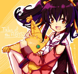 Rule 34 | 00s, 1girl, :d, anise tatlin, bare shoulders, blush, breasts, button eyes, buttons, copyright name, detached sleeves, hair ribbon, kitagawa unagi, large breasts, long hair, long sleeves, looking at viewer, open mouth, orange ribbon, purple hair, ribbon, simple background, sitting, smile, stuffed toy, tales of (series), tales of the abyss, tareme, thighhighs, tokunaga (tales), twintails, white thighhighs, yellow background, zettai ryouiki