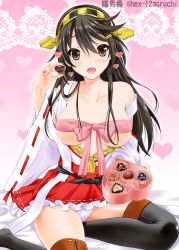 Rule 34 | 10s, 1girl, :d, bed sheet, black hair, black thighhighs, boots, bow, breasts, brown eyes, candy, chocolate, chocolate heart, covered erect nipples, food, hair ornament, hairband, hairclip, haruna (kancolle), heart, kantai collection, large breasts, long hair, looking at viewer, miniskirt, neko danshaku, nontraditional miko, open mouth, panties, pantyshot, pleated skirt, ribbon, sitting, skirt, smile, solo, thigh boots, thighhighs, underwear, valentine, zettai ryouiki