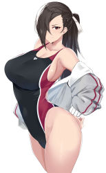 Rule 34 | 1girl, absurdres, black one-piece swimsuit, braid, breasts, brown eyes, collarbone, competition swimsuit, fire emblem, fire emblem fates, hair over one eye, hair ribbon, highres, jacket, jacket partially removed, kagero (fire emblem), large breasts, looking at viewer, maruyaa (malya1006), nintendo, one-piece swimsuit, ponytail, ribbon, sideboob, solo, swimsuit, thighs, two-tone swimsuit, white jacket