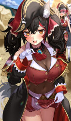 Rule 34 | 3girls, absurdres, animal ear fluff, animal ears, ascot, belt, bicorne, black coat, black hair, breasts, breath, brooch, brown belt, cleavage, clothes lift, coat, commentary request, cosplay, covered navel, cropped vest, crossed bangs, epaulettes, fang, frills, gloves, gold trim, hair ornament, hairclip, hat, highres, hololive, houshou marine, houshou marine (1st costume), houshou marine (cosplay), jewelry, large breasts, lifting own clothes, long hair, looking at another, looking at viewer, miniskirt, multicolored hair, multiple girls, off shoulder, ookami mio, open mouth, outdoors, pirate hat, pleated skirt, plume, raised eyebrows, red ascot, red skirt, red vest, sand, see-through, see-through cleavage, shirakami fubuki, skirt, skirt lift, solo focus, streaked hair, sweat, tail, thighs, twintails, uuroncha, vest, virtual youtuber, wet, white gloves, wide-eyed, wolf ears, wolf girl, wolf tail, yellow eyes