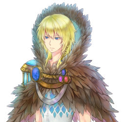 Rule 34 | 1boy, argyle, argyle clothes, argyle shirt, blonde hair, blue eyes, braid, closed mouth, commentary request, fur collar, hair between eyes, jewelry, looking to the side, male focus, medium hair, misuguu, necklace, ragnarok online, shirt, side braid, simple background, single braid, solo, sorcerer (ragnarok online), upper body, white background, white shirt