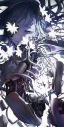 Rule 34 | 1girl, absurdres, android, black hair, cable, damaged, expressionless, flower, glowing flower, highres, long hair, looking down, mechanical parts, mika pikazo, missing eye, nude, original, ribs